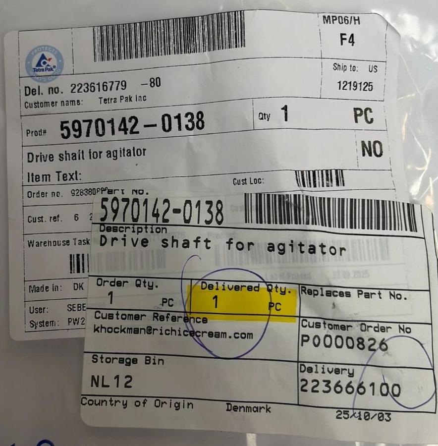Tetra Pak ID2000 Drive Shaft for Agitator 5970142-0138 Stainless Steel New