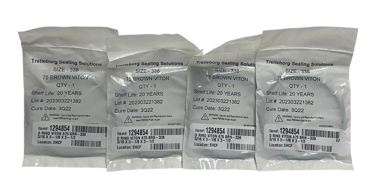 Used 4 TRELLEBORG SEALING SOLUTIONS MCMASTN65A SIZE 338 OEM O-RINGS 75 VITON NSFS
