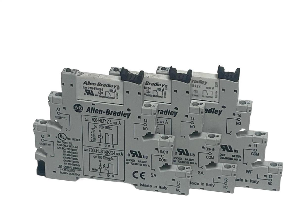 Used LOT OF 3 Allen-Bradley 700-HLT1U Ser A Relay Bases w/ 700-TBR24 Relays 24V