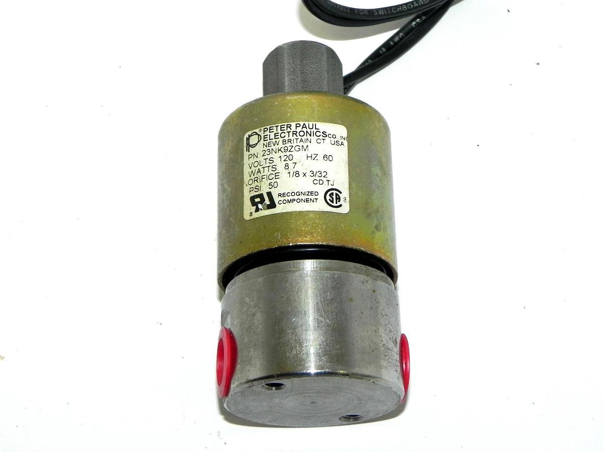 Used PETER PAUL ELECTRONICS 23NK9ZGM SOLENOID VALVE 120V, ORIFICE 1/8 x 3/32