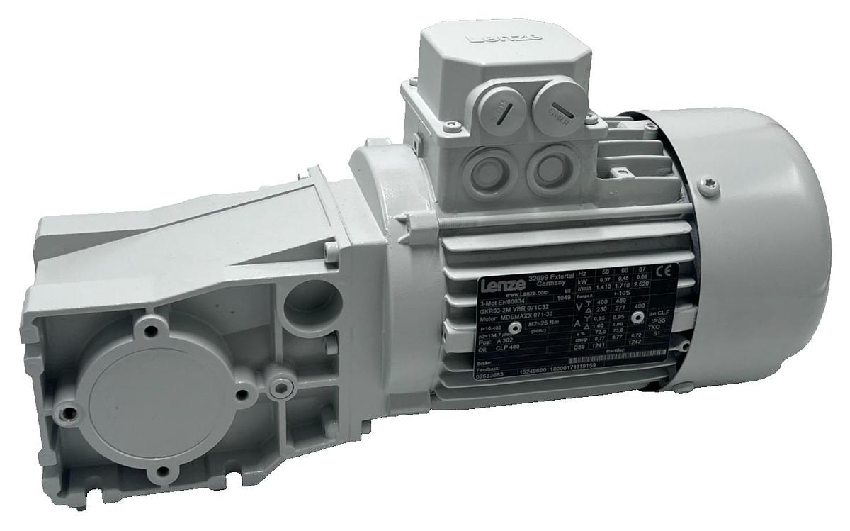 Used LENZE GKR03-2M VBR 071C32 Geared Motor 1.5 HP 1.1 kW 230/460V 3-Ph Helical-Worm