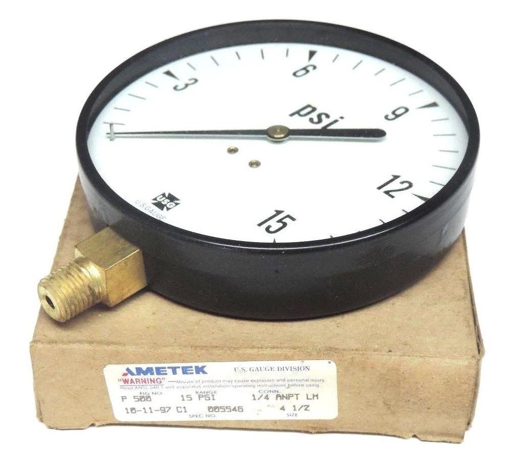 Used NIB AMETEK P-500 15PSI PRESSURE GAUGE 1/4'' ANPT LM, 4 1/2'' SIZE, 005546, P500