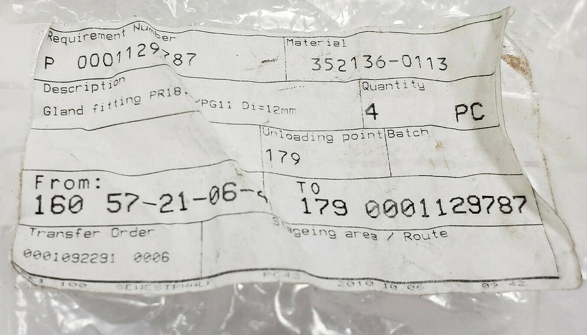 Used LOT OF 4 NEW GENERIC PR18.6 / PG11 GLAND FITTINGS, 12MM DIAMETER, 352136-0113