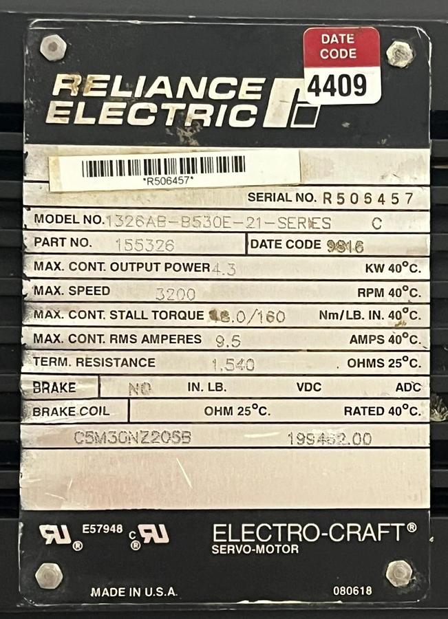 RELIANCE 1326AB-B530E-21 Series C Servo Motor 3000 RPM 2000 Peak Oz-In A-B
