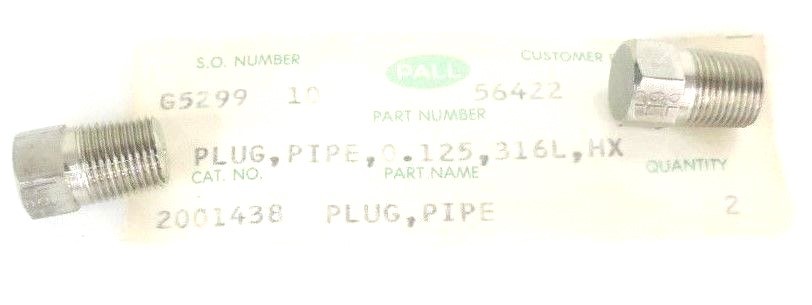 Used LOT OF 2 NEW PALL 2001438 PLUG, PIPE, 0.125, 316L, HX