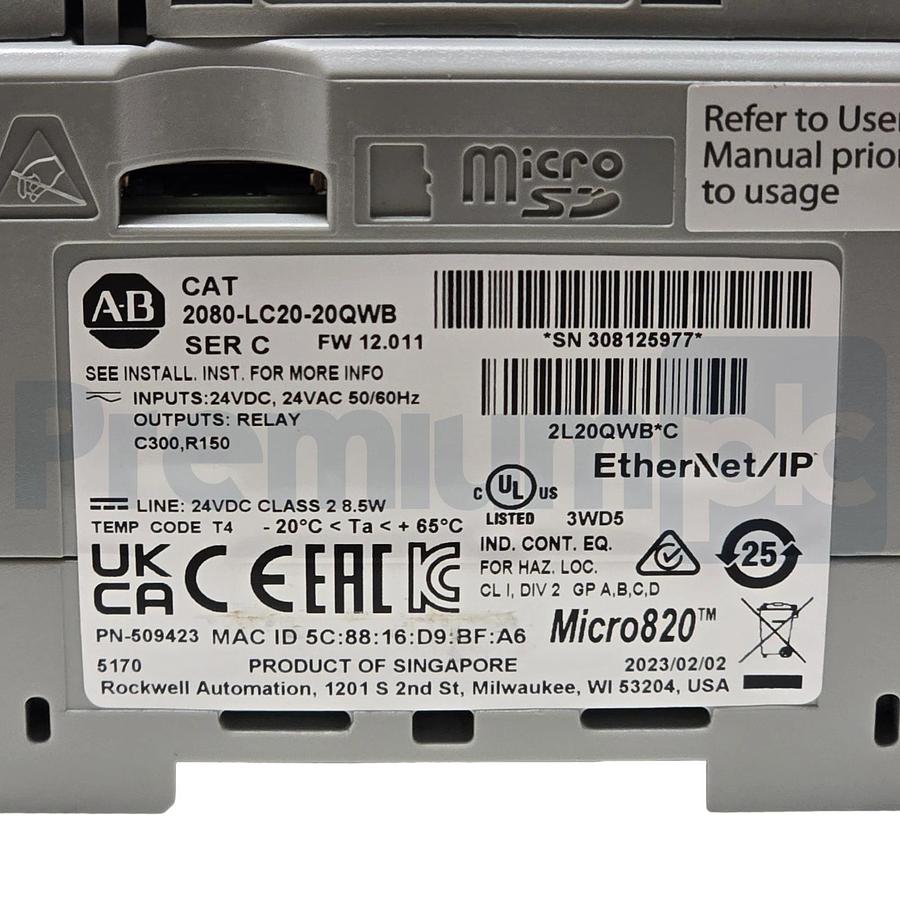 Allen-Bradley 2080-LC20-20QWB /C Micro820 Controller ENet/IP F/W: 12.011 NSNP