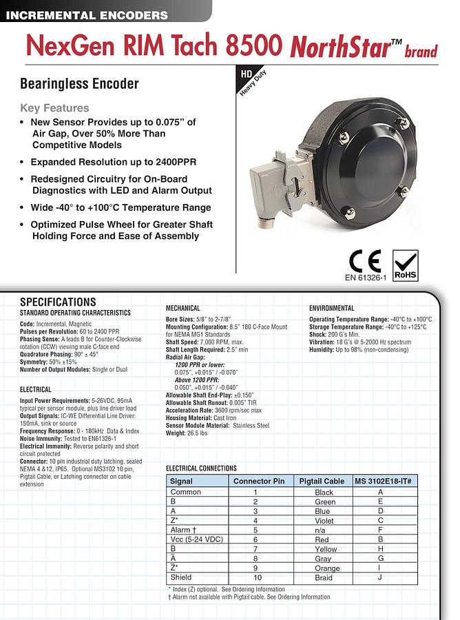 Used Dynapar NorthStar RT80600LF082C RIMTach RT8 Incremental Encoder 8.5" C-Face NSMP