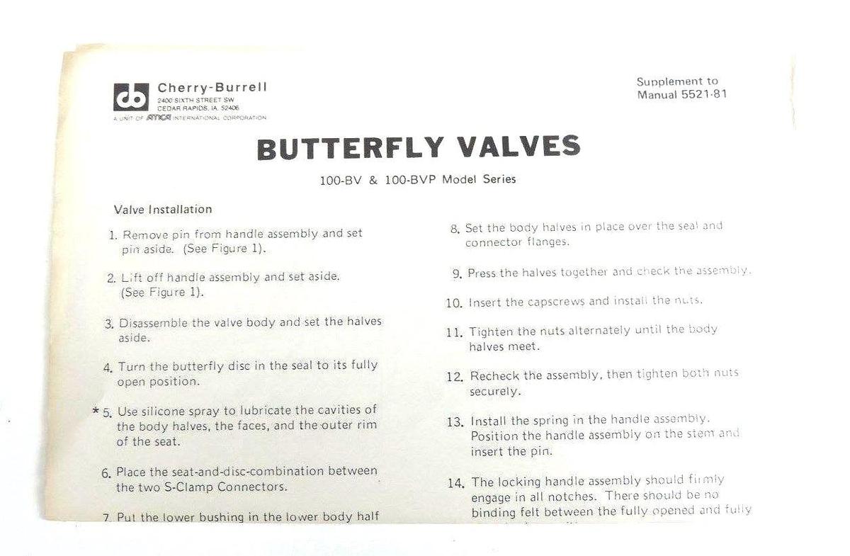 Used NIB CHERRY-BURRELL 100-BV BUTTERFLY VALVE 3026048, 15-EB, 100BV