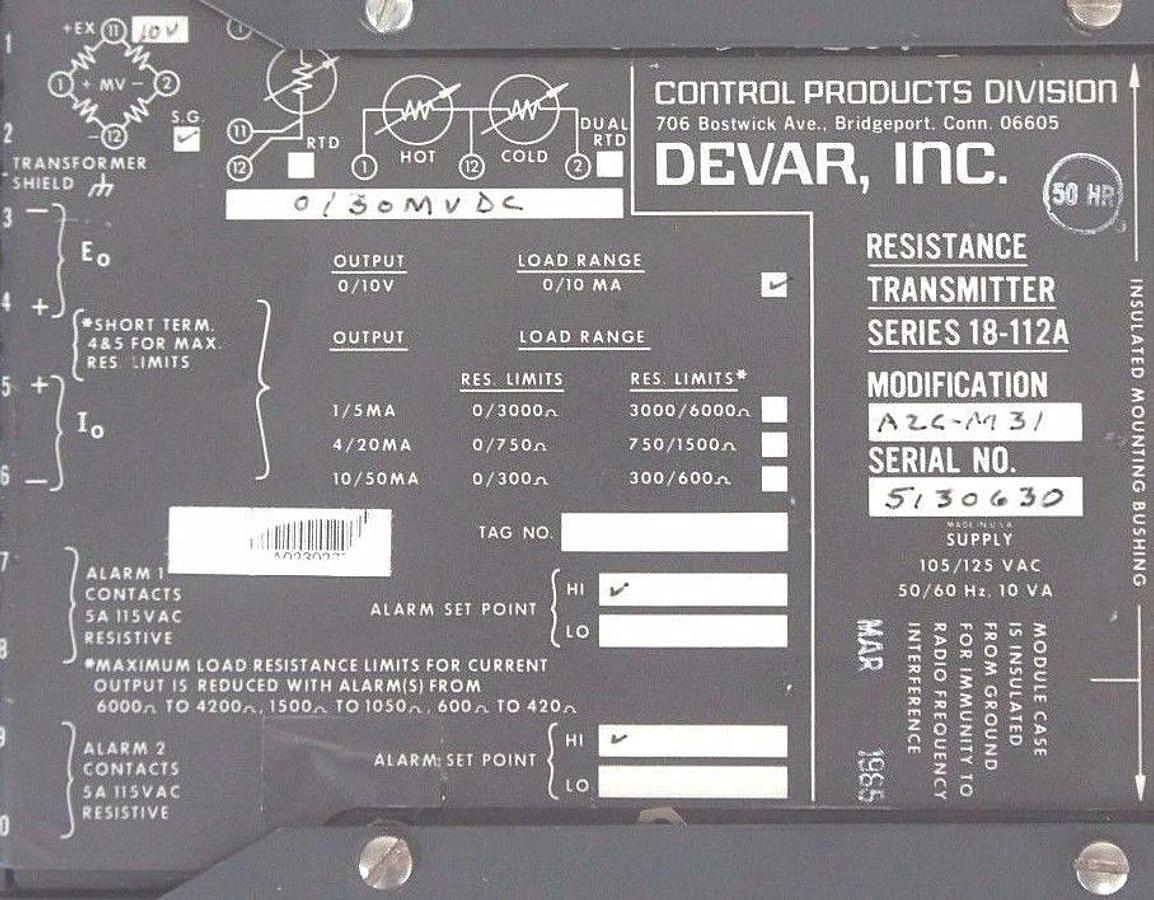 Used CONTROL PRODUCTS DEVAR INC. SERIES 18-112A RESISTANCE TRANSMITTER MOD. A2C-M31