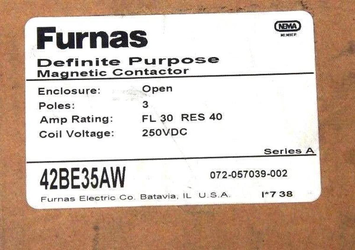 Used NIB FURNAS 42BE35AW MAGNETIC CONTACTOR 3 POLE, FL 30 RES 40, 250VDC
