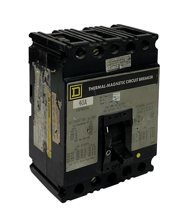Used SQUARE D FHP36040 THERMAL-MAGNETIC CIRCUIT BREAKER 40A 600VAC/250VDC USNP