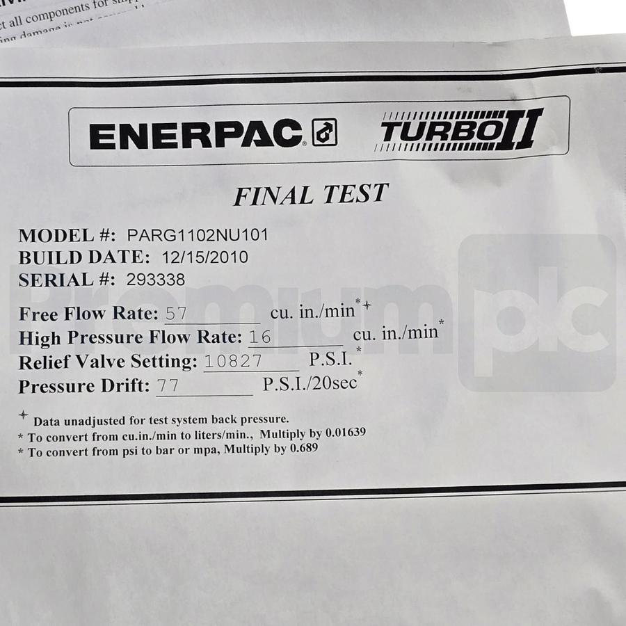 Used Enerpac PARG1102NU101 Turbo II Torqlite Air Hydraulic Pump PARG1102N w/Pendant
