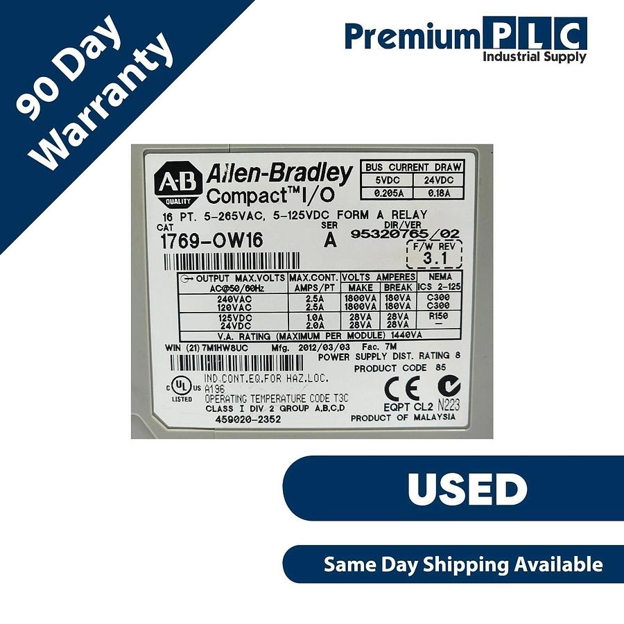 Used ALLEN BRADLEY 1769-OW16 /A CompactLogic I/O 16PT RELAY OUTPUT MODULE 1769-0W16
