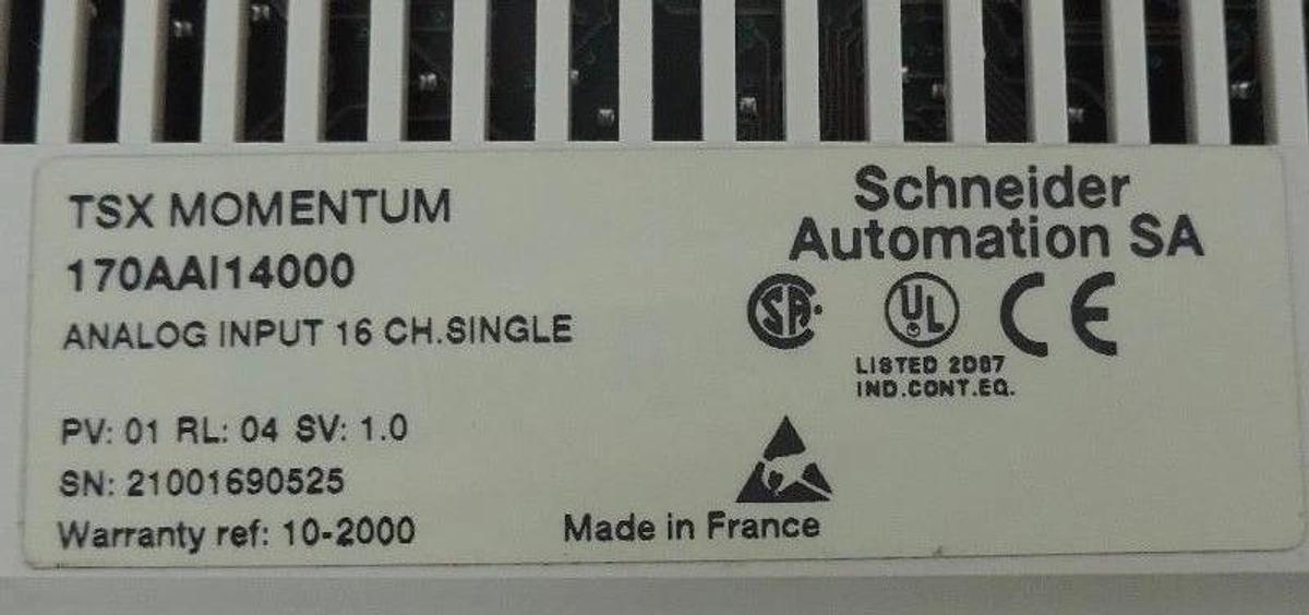 Used SCHNEIDER ELECTRIC 170AAI14000 ANALOG INPUT MODULE 16 CH. SINGLE PV:01, RL:04