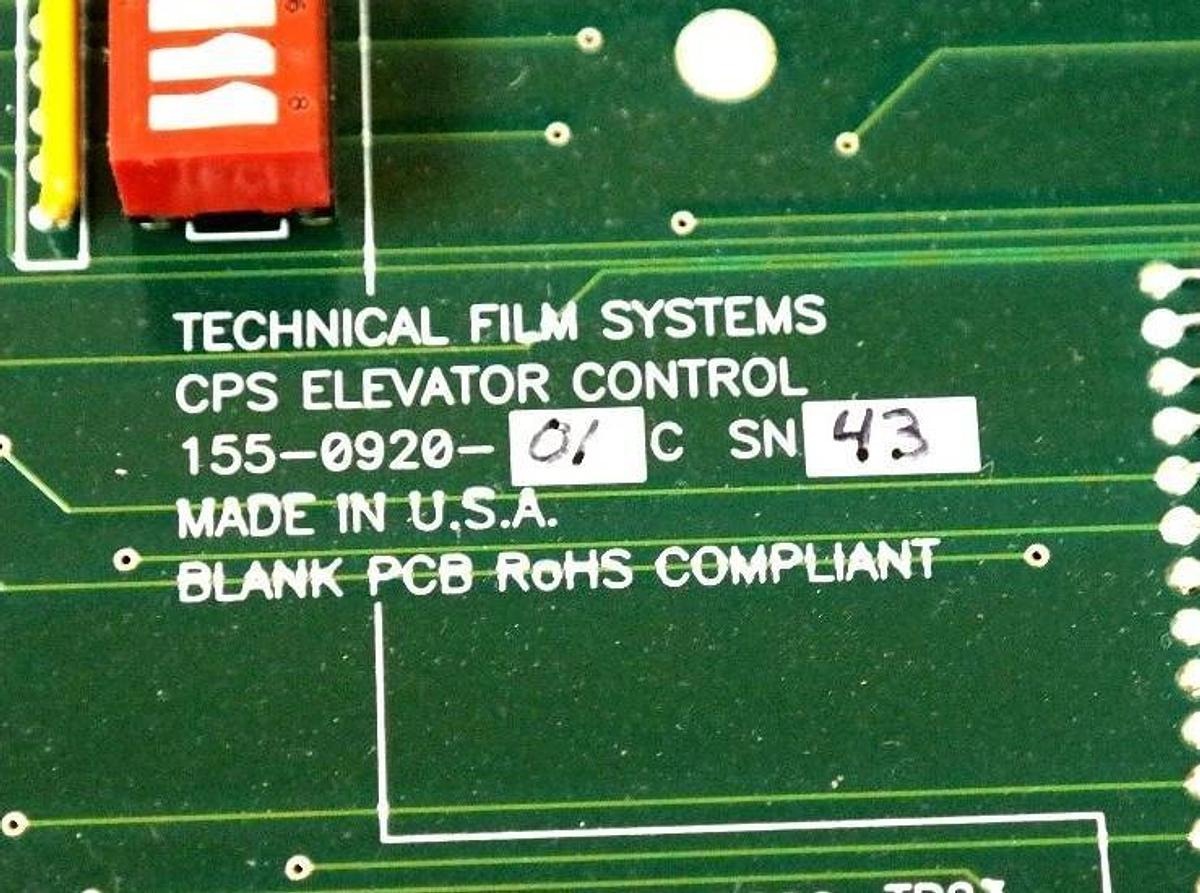 Used TECHNICAL FILM SYSTEMS 155-0920-01 CPS ELEVATOR CONTROL BOARD 155092001