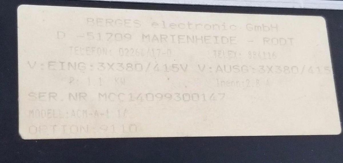 Used BERGES ACM-A-1 SERVO DRIVE INVERTER U030, D-51709, ACM-A-1.1/A