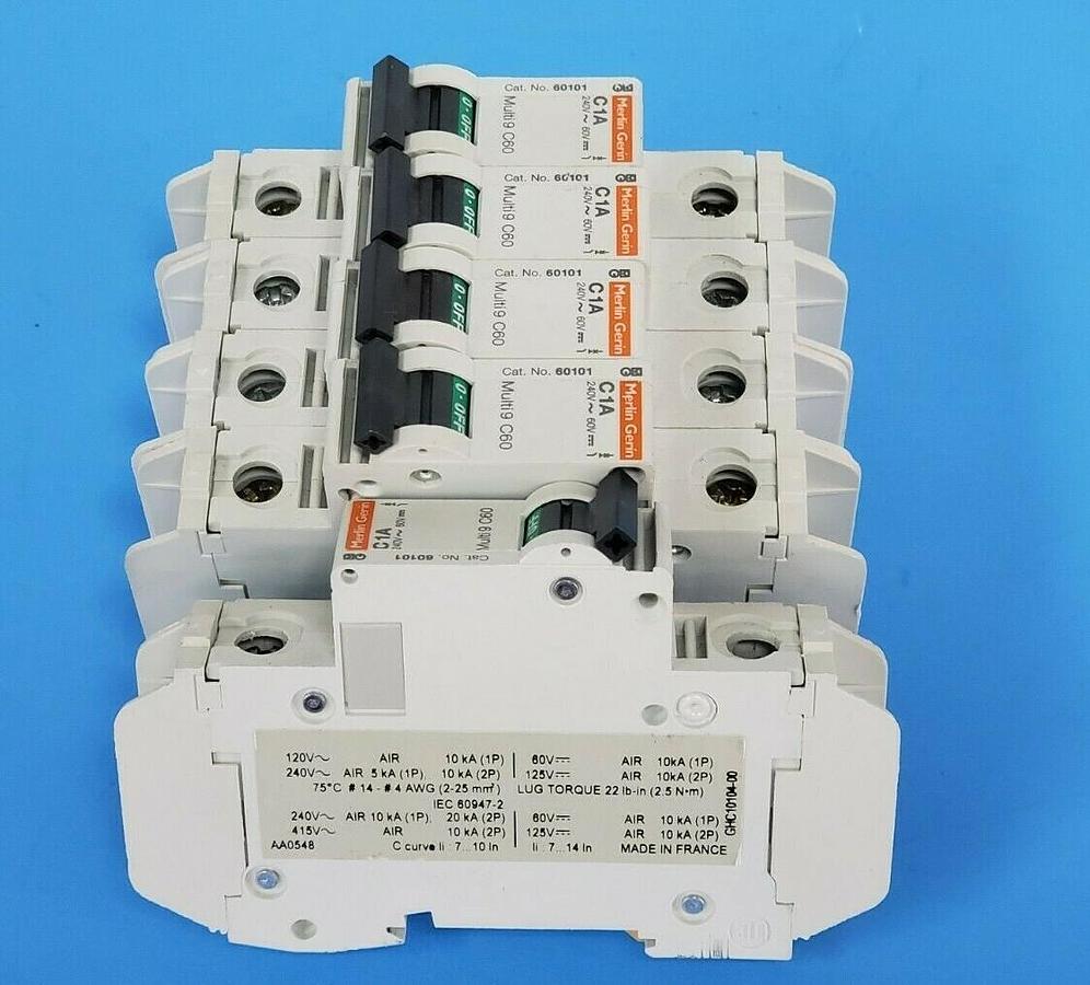 Used LOT OF 5 MERLIN GERIN 60101 CIRCUIT BREAKERS C1A, 240V, MULTI 9 C60