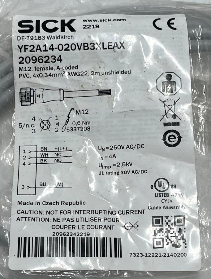 Used LOT OF 2 SICK YF2A14-020VB3XLEAX M12 to M12 Interconnect Cable 4-Pin 2m IP68