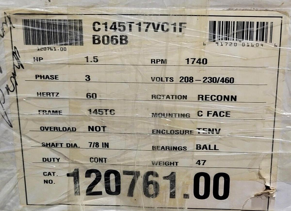 Used NEW LEESON 120761.00 ELECTRIC MOTOR 1.5HP C145T17VC1F 60Hz 3PHASE 12076100