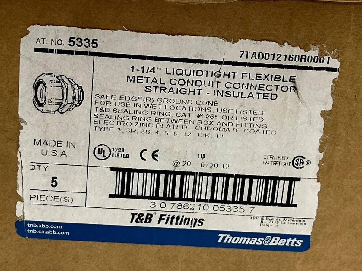 Box of 5) THOMAS & BETTS 5335 Liquidtight Connector | 1-1/4" Straight INSULATED