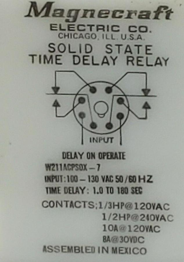Used MAGNECRAFT ELECTRIC. CO W211ACPS0X-7 SOLID STATE TIME DELAY RELAY 10A 120V 50/60