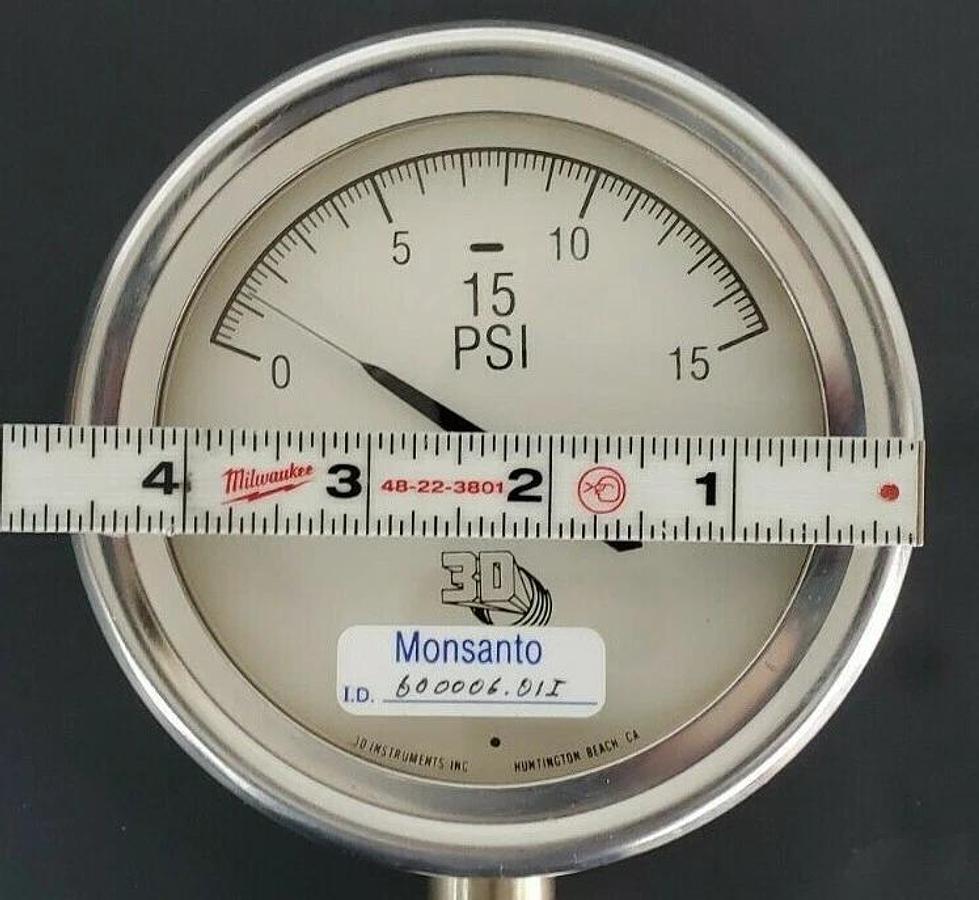 Used 3D INSTRUMENTS 25504-21U55CWG PRESSURE GAUGE, GFK SBD GP1007, 471078 39, 0-15PSI