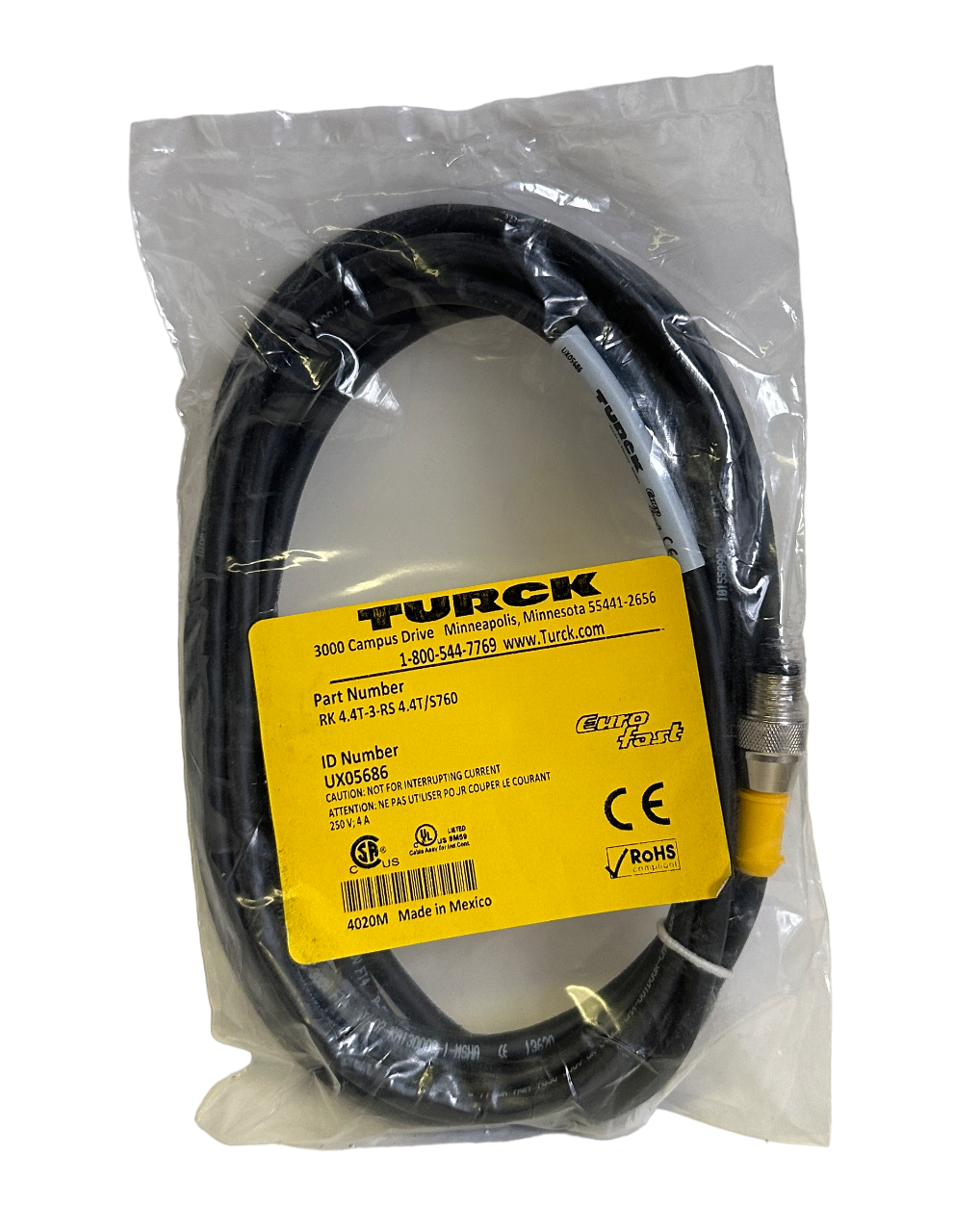 NEW TURCK RK 4.4T-3-RS 4.4T/S760 / RK44T3RS44TS760 M12 EURO CORDSET 3M UX05686