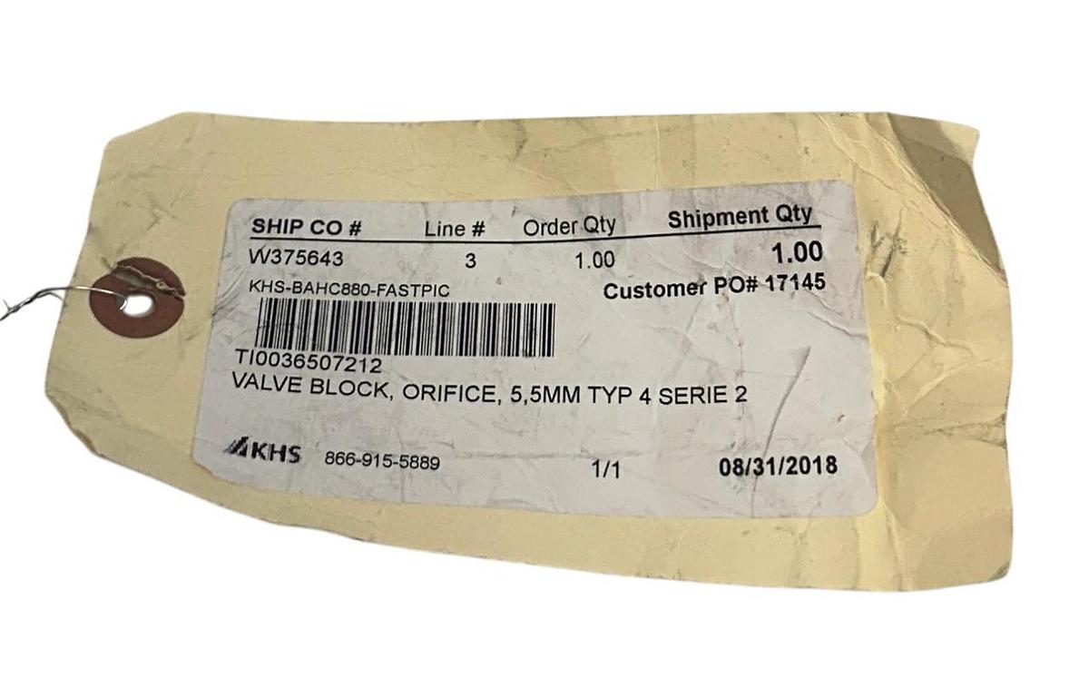 KHS TI0036507212 / TI0036507103 VALVE BLOCK 5.5mm ORIFICE TYPE 4 SERIES 2 NSNP