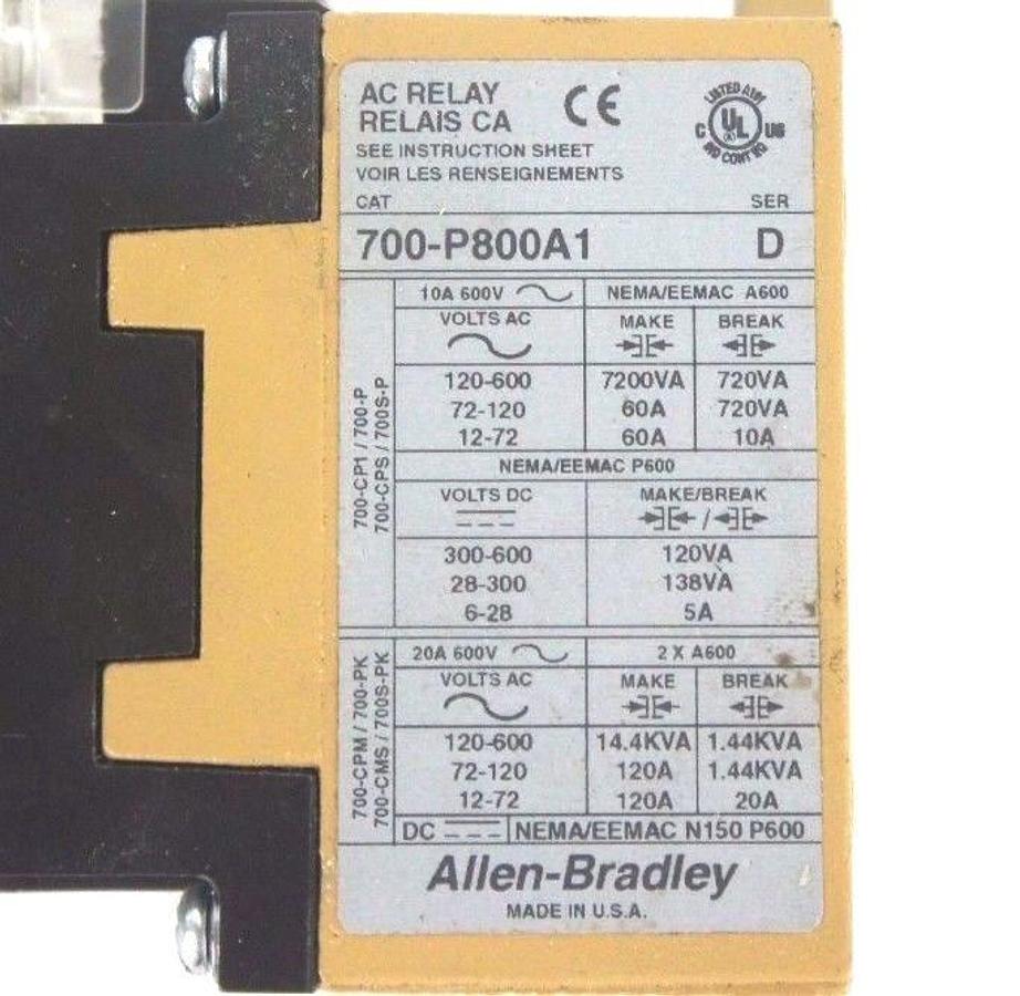 Used ALLEN BRADLEY 700-P800A1 TYPE P CONTROL RELAY SER D 700P800A1, 115-120V