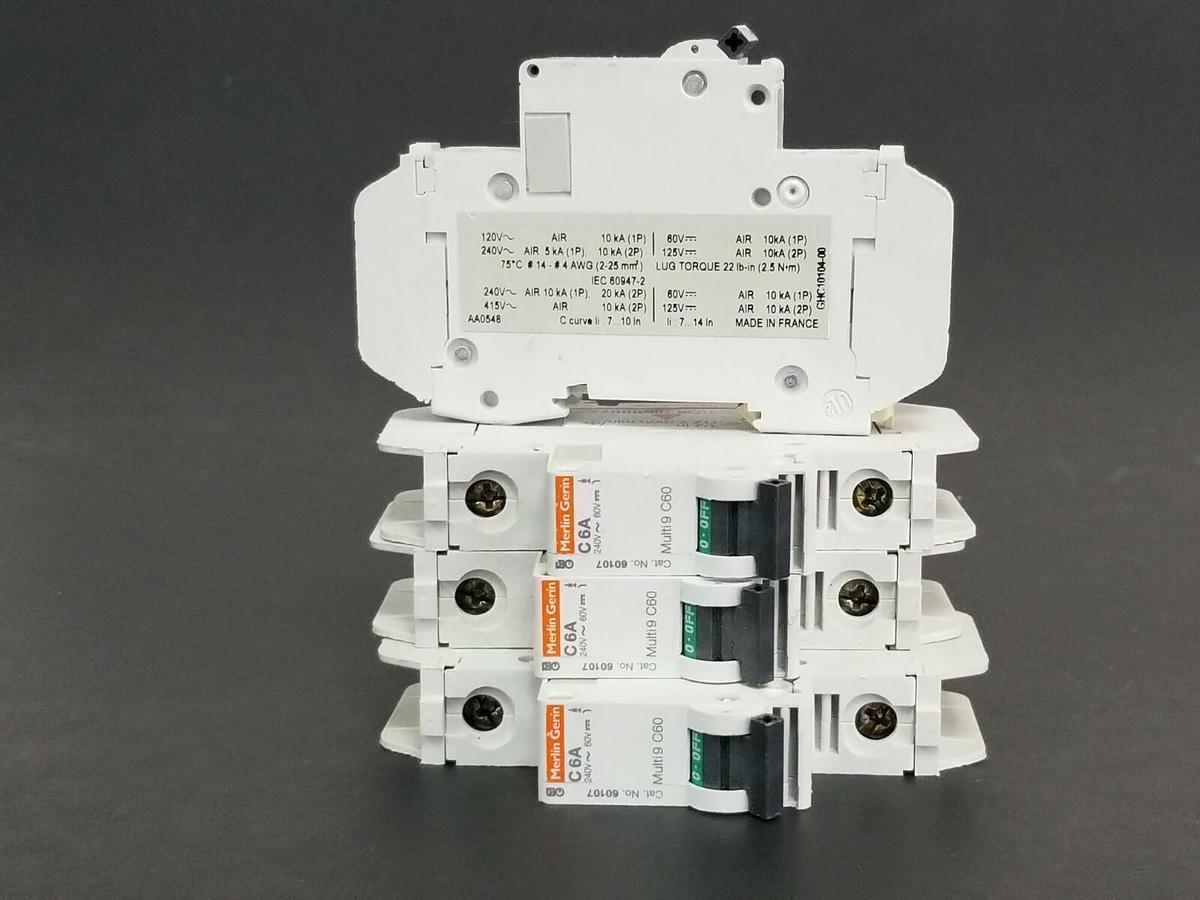 Used LOT OF 4 MERLIN GERIN CAT. NO. 60107 MULTI9 C60 CIRCUIT BREAKERS C6A 240V/60V