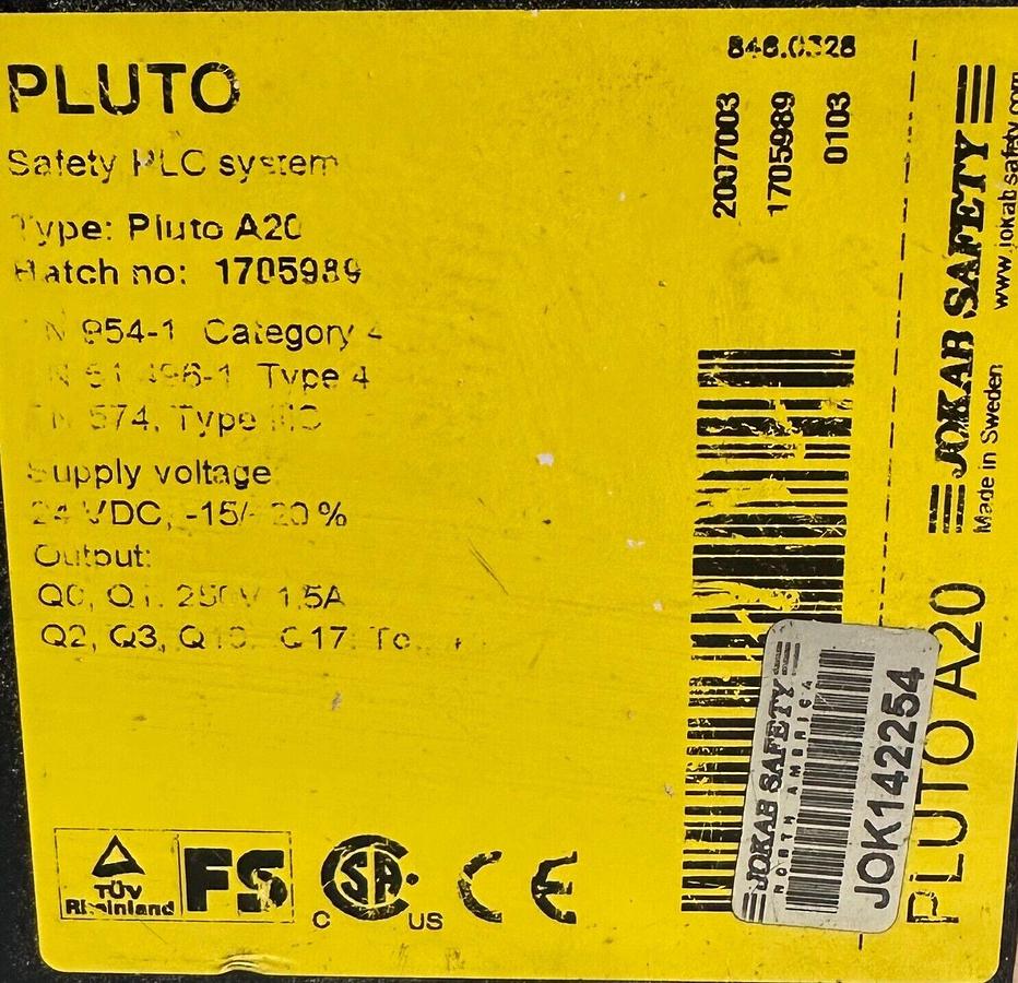 Used JOKAB SAFETY PLUTO A20 SAFETY PLC SYSTEM 1705989 24Vdc 20 I/O 8FS IN 8FS OUT