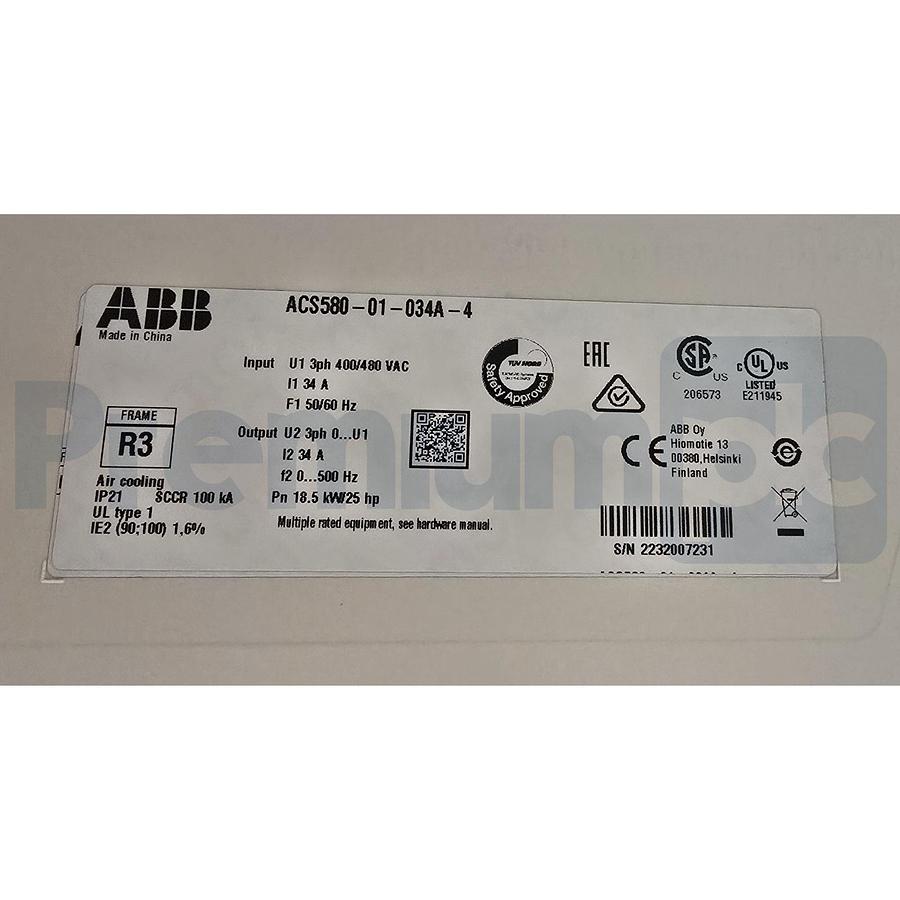Used ABB ACS580-01-034A-4 LV AC General Purpose Drive 3AUA0000204814 3Ph 480V 25HP