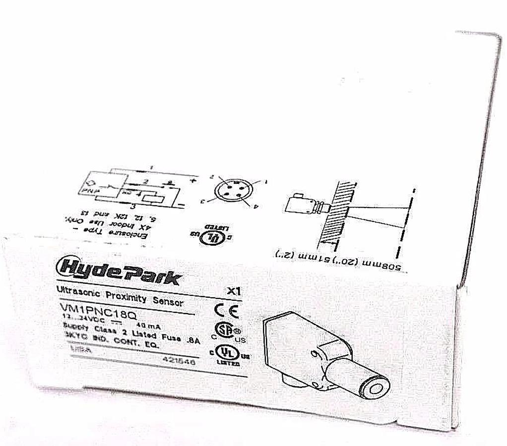 Used NIB HYDE PARK SCHNEIDER VM1PNC18Q ULTRASONIC PROXIMITY SENSOR VM1-PNC-18-Q