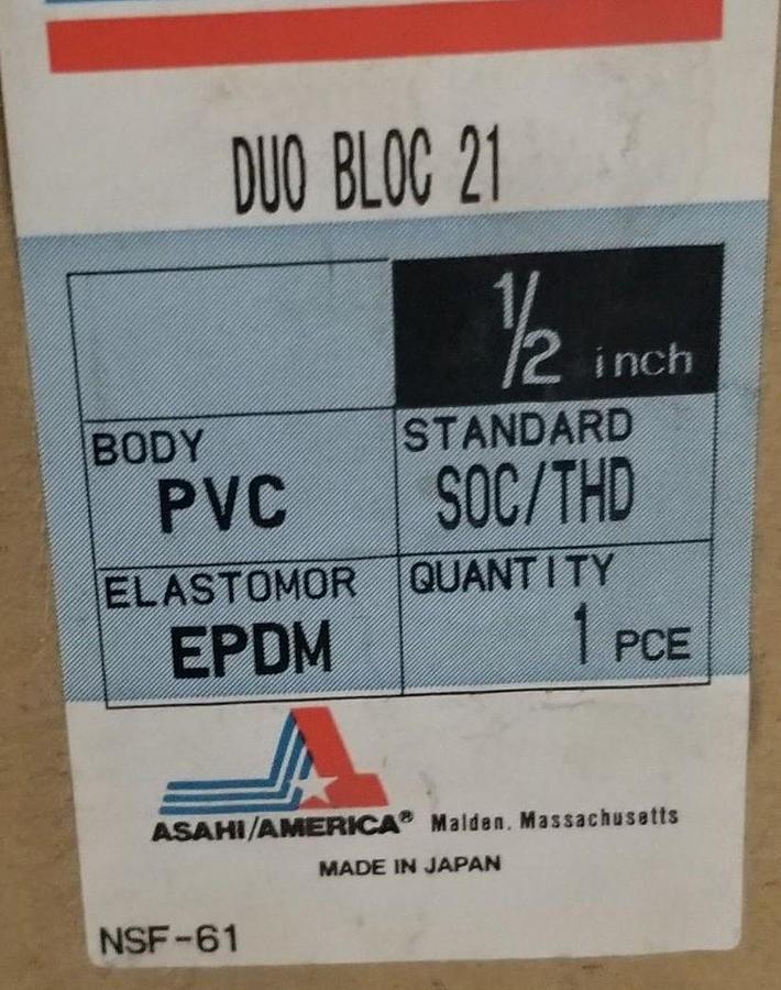 Used NIB ASAHI AMERICA DUO-BLOC-21 BALL VALVE NSF-61 EPDM 1/2 IN.