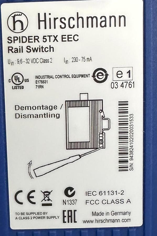 Used NEW HIRSCHMANN SPIDER 5TX EEC 5-PORT EtherNet SWITCH 943 824-102 / 943824102