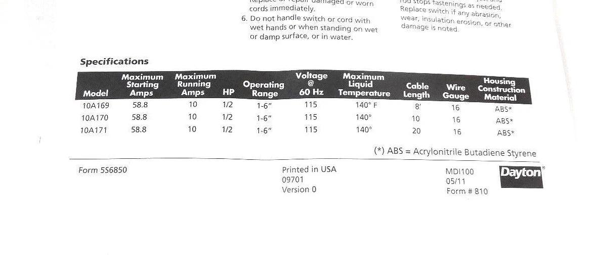 NIB DAYTON 10A171 VERTICAL FLOAT SWITCH TYPE VS 1237, 1/2 HP, 20FT CORD, 115VAC