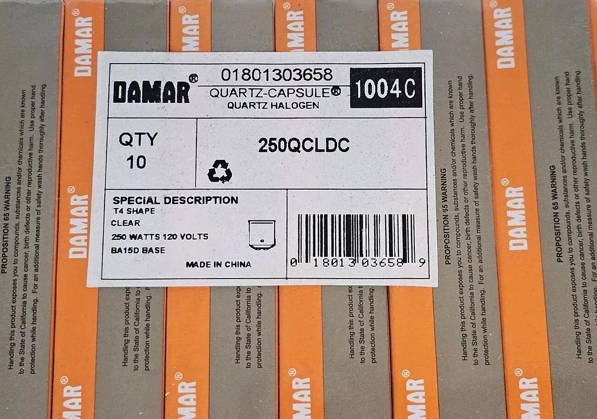Used LOT OF 10 NEW DAMAR 01801303658 QUARTZ-CAPSULE HALOGEN LAMPS 250QCLDC