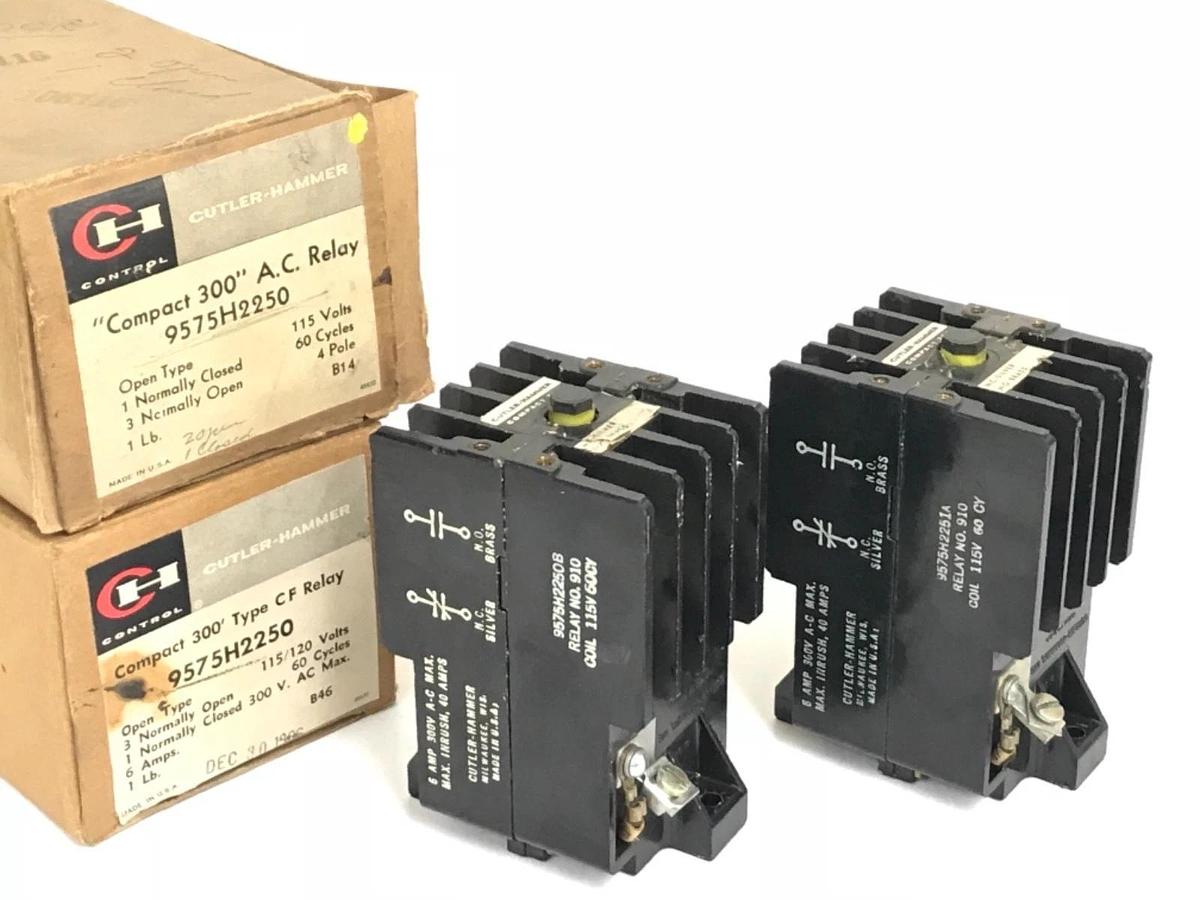 Used LOT OF 2 CUTLER-HAMMER 9575H2250 COMPACT 300 TYPE CF RELAYS 300VAC, 6A, 910