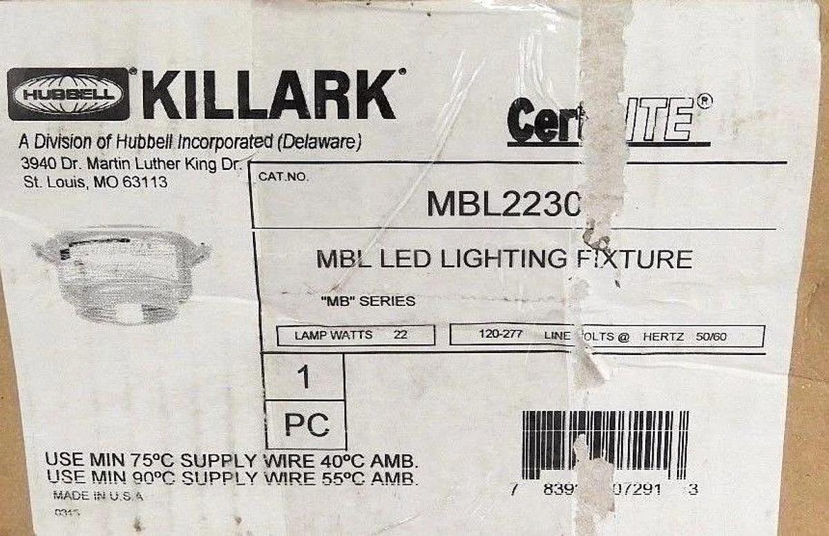 Used NIB HUBBELL KILLARK MBL2230 MBL LED LIGHTING FIXTURE 22W, 120-277V, 50/60HZ