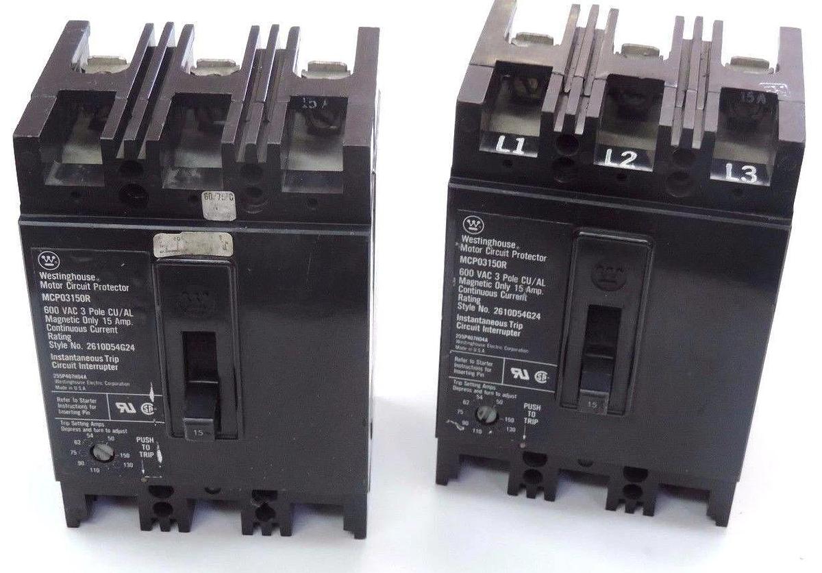 Used LOT OF 2 WESTINGHOUSE MPC03150R CIRCUIT BREAKERS STYLE NO. 2610D54G24, 15 AMP.