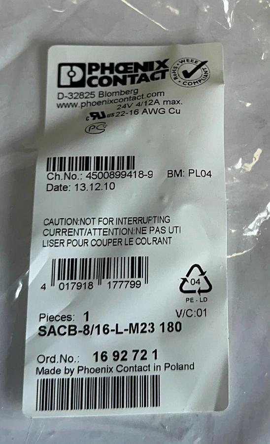 PHOENIX CONTACT SACB-8/16-L-M23 180 / 1692721 SENSOR / ACTUATOR BOX 24V NSMP