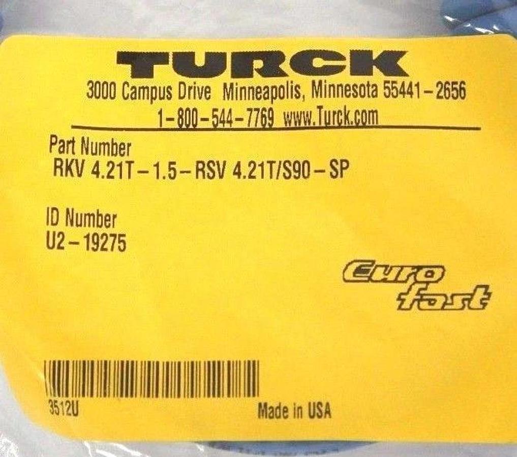 Used NEW TURCK RKV 4.21T-1.5-RSV 4.21T/S90-SP EUROFAST CORDSET U2-19275 / U219275