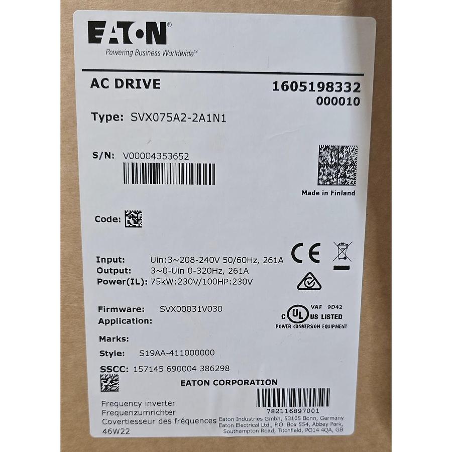 Used EATON C-H SVX075A2-2A1N1 SVX9000 ADJUSTABLE FREQUENCY DRIVE 75kW/100HP NSMP