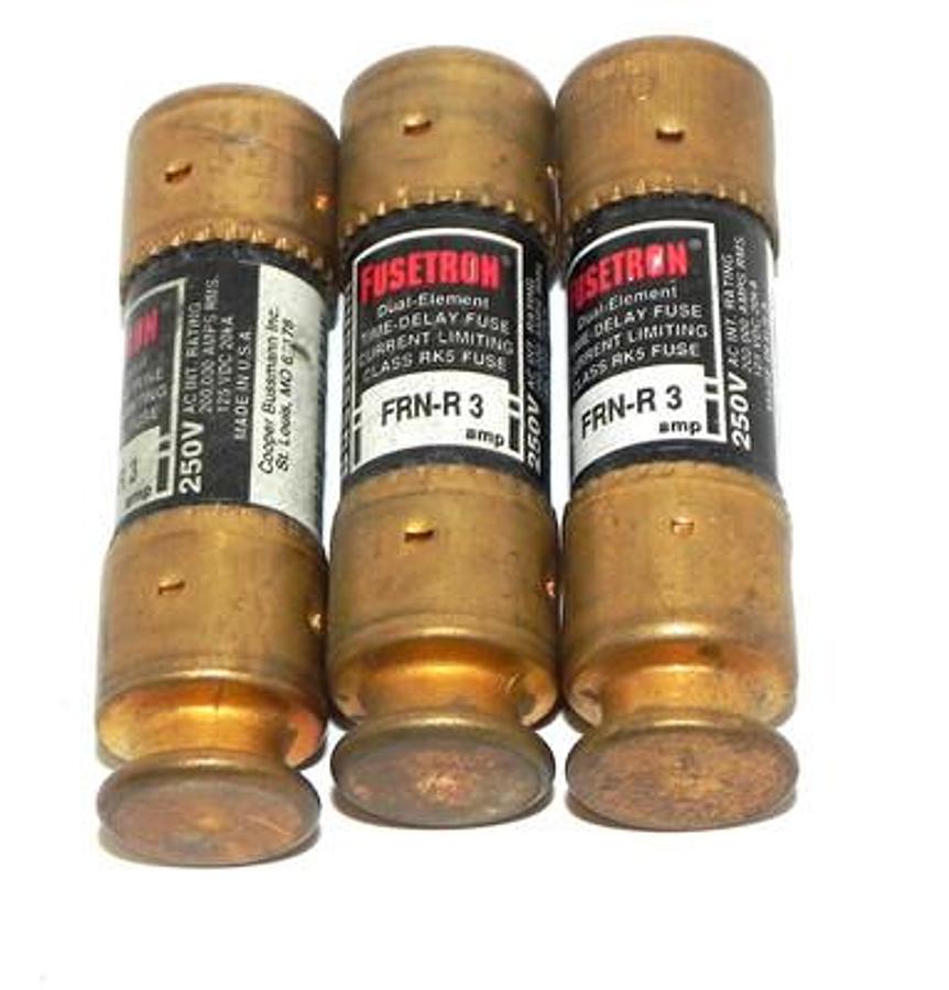 Used LOT OF 3 BUSSMANN FRN-R-3 FUSETRON DUAL-ELEMENT CLASS RK5 FUSES 250V 3AMP