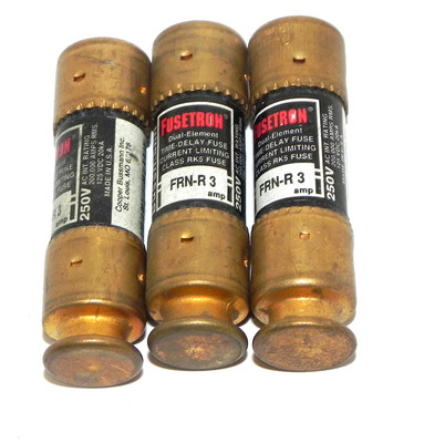 Used LOT OF 3 BUSSMANN FRN-R-3 FUSETRON DUAL-ELEMENT CLASS RK5 FUSES 250V 3AMP