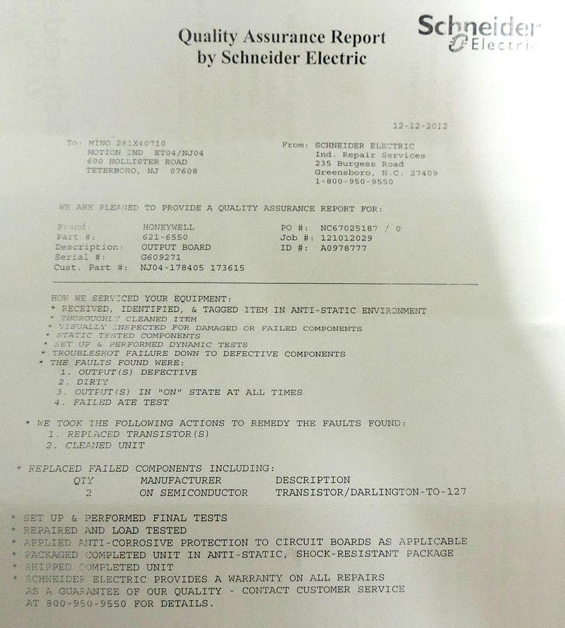 Used HONEYWELL 621-6550 OUTPUT BOARD MODULE 24VDC 6216550 QUALITY ASSURANCE REPORT