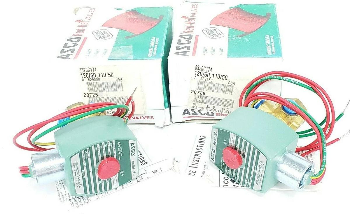 (2) NIB ASCO 8320G174 SOLENOID VALVES 120/60 - 110/50, 1/4 PIPE, 17.1 WATTS