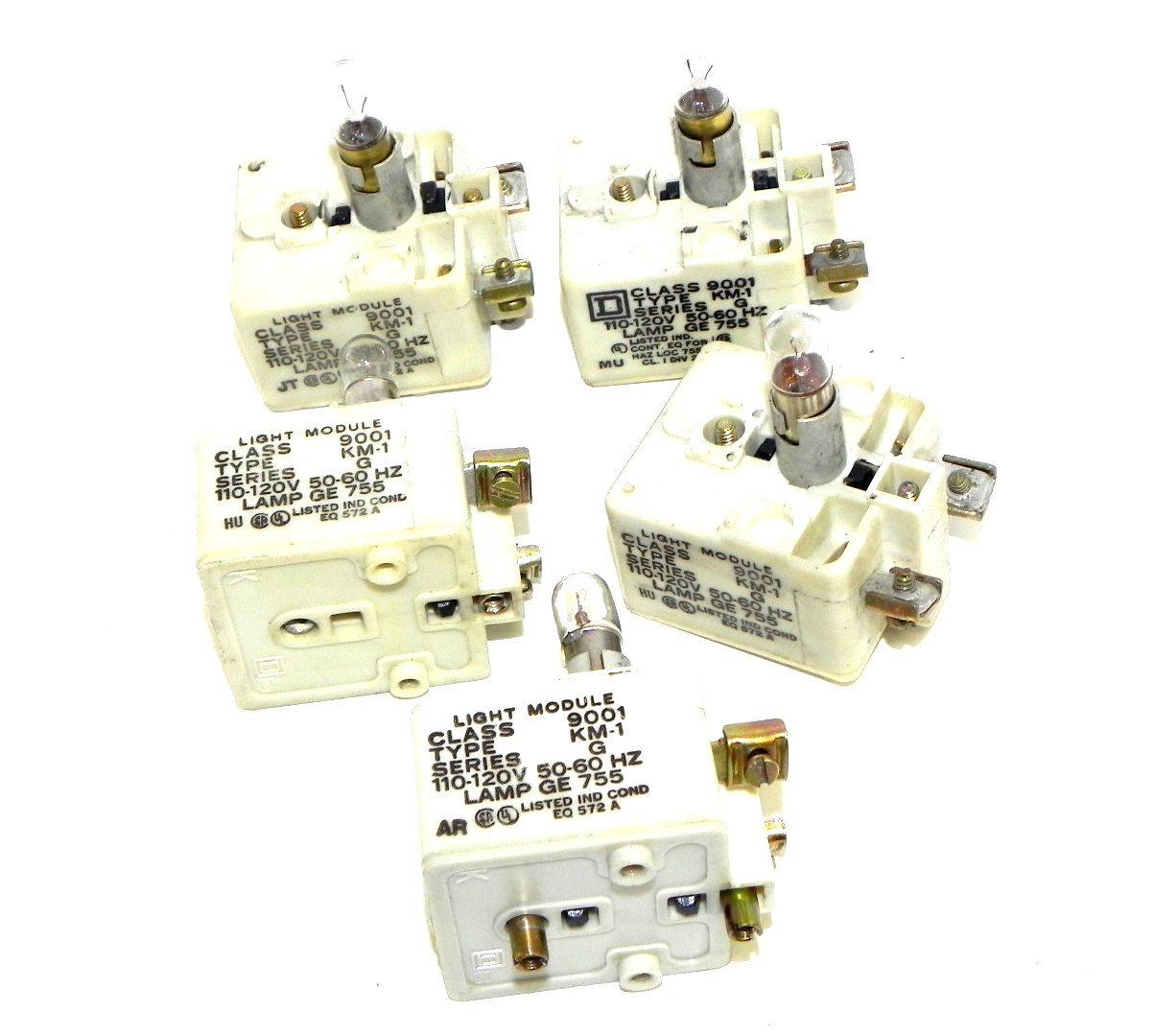 Used LOT OF 5 SQUARE D 9001-KM-1 PILOT LIGHT MODULES 9001KM1 SER. G, 110-120V