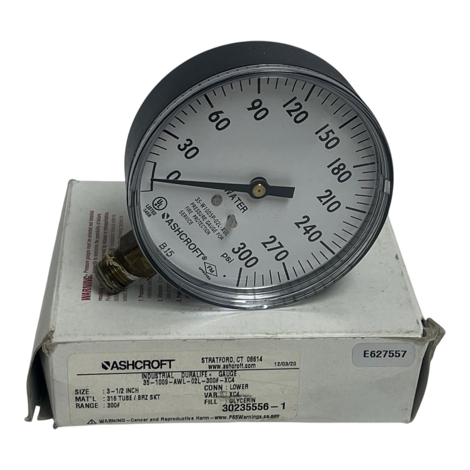 Used Ashcroft 35-W1005P-02L-XUL Pressure Gauge 3.5" Dial 1/4 NPT - Spare w/ Box