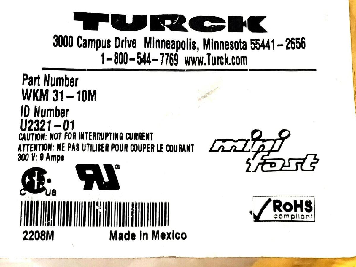 Used NEW TURCK WKM31-10M ID. #: U2321-01 - MINIFAST MOLDED CORDSET